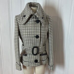 CONTEMPORAINE Wool Houndstooth Jacket Coat Belted Wide Collar - Size L